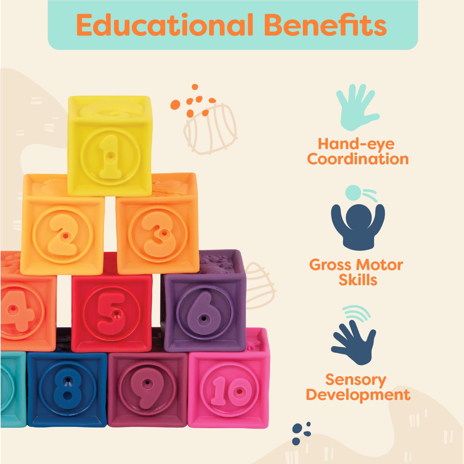 B. toys, One Two Squeeze Soft Building Blocks, 10 Pack, Blocks - 1, Baby