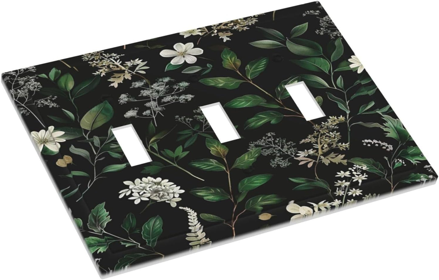 Decorative Switch Covers Plate Rustic Green Leaves White Flower 3 Gang Artistic Wall Plate Unique Triple Toggle Light Switch Plate Jumbo Faceplate for Country Bedroom Home Decor
