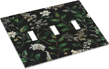 Decorative Switch Covers Plate Rustic Green Leaves White Flower 3 Gang Artistic Wall Plate Unique Triple Toggle Light Switch Plate Jumbo Faceplate for Country Bedroom Home Decor