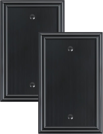 2-Pack Single Blank Wall Plates, Durable Solid Zinc Alloy Blank Outlet Covers, Decorative Black Wall Plate Cover for Unused Outlets/Switches, Corrosion Resistant