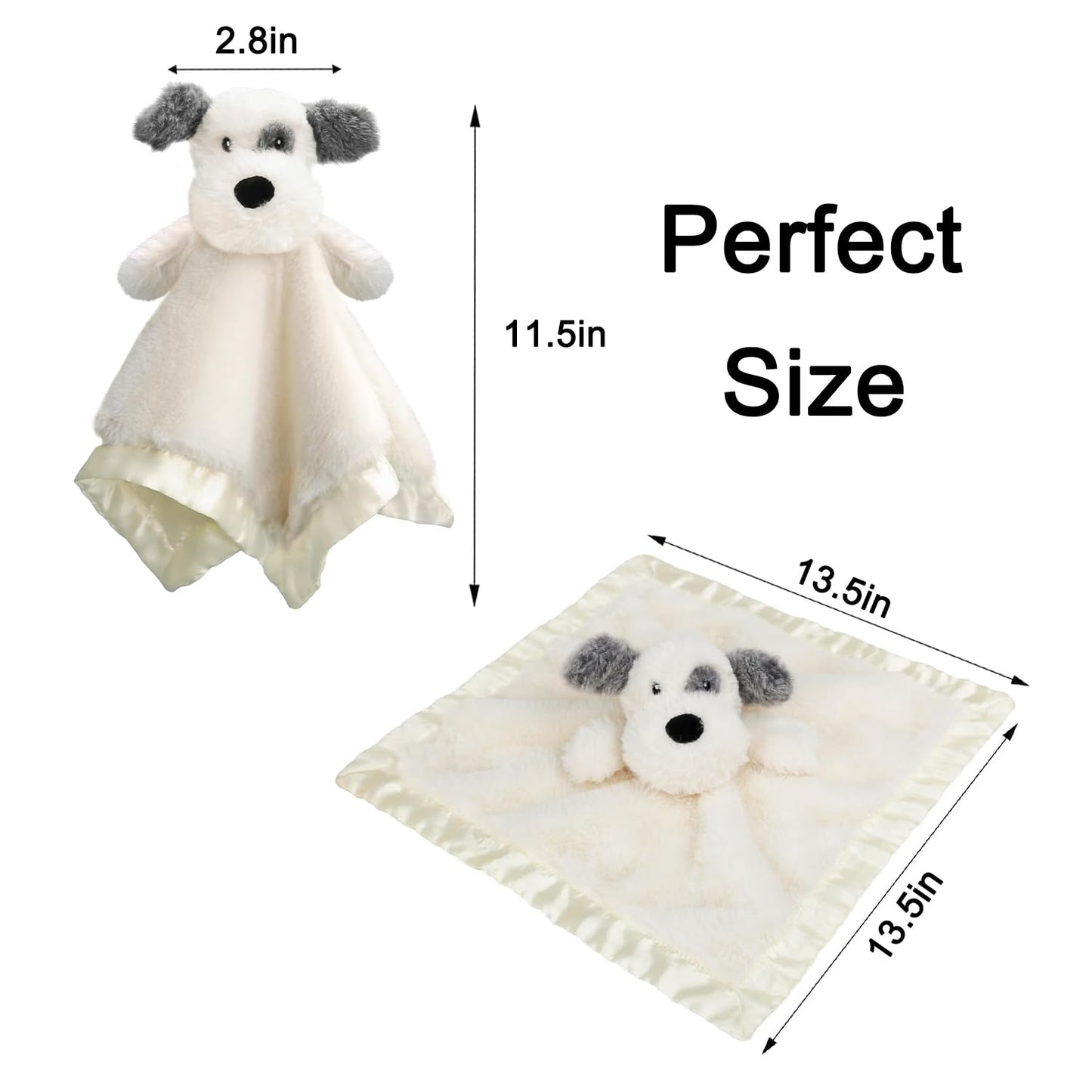 Dog Baby Security Blanket Soft Unisex Lovey Stuffed Animal with Satin Backing for Toddler Infant Newborn Boys and Girls, Lovely Puppy Snuggle Toy, White 13.5 Inch