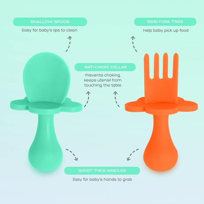 Grabease Baby Spoons and Forks Utensils for Toddlers Infants BPA-Free & Phthalate-Free Baby Silverware, 2 Sets, Mint and Orange - Toddler Spoon