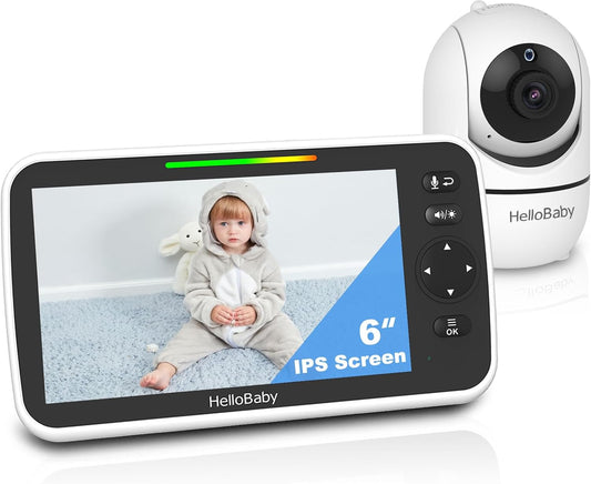 HelloBaby 6'' World First IPS 30H Battery Split-Screen Video Baby Monitor with Camera and Audio, No WiFi, Pan-Tilt-Zoom, VOX, 2-Way Talk, Night Vision, 8 Lullabies, 1000ft, for New Parents/Elderly