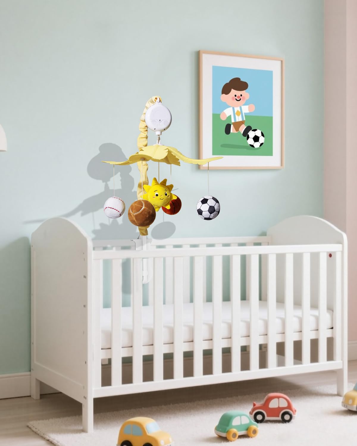 FEISIKE Baby Crib Mobile with 35 Lullabies, 3 Modes Rotation & Music, Soother Toy Adjustable Volume, Sport-Themed Nursery Decor Musical Mobile for Crib or Bassinet