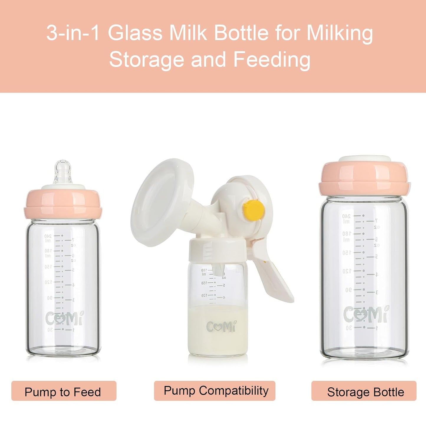 COMI Wide Neck Glass Breastmilk Collection n Storage Bottle, 8oz with Screw Ring Sealing Disk;