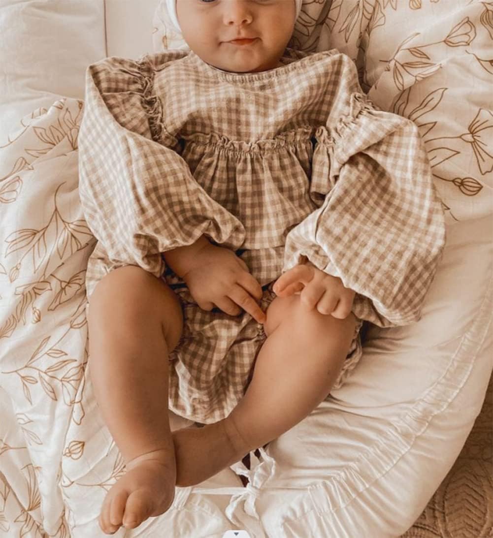 Douhoow Infant Baby Girl Plaid Romper Baby Sweatshirt Romper Ruffle Festival Clothes Fall Winter Outfits with Headband