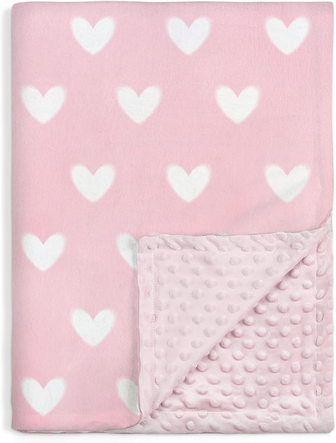Heart Minky Baby Blanket 30 x 40 Inches for Girls, Soft Plush Receiving Blanket with Dotted Back