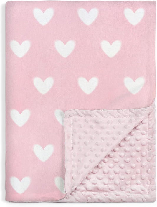 Heart Minky Baby Blanket 30 x 40 Inches for Girls, Soft Plush Receiving Blanket with Dotted Back