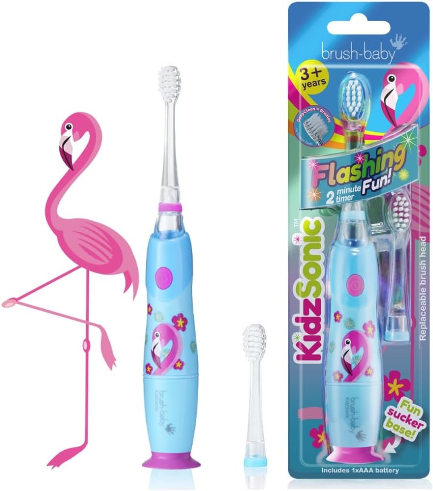 Brush‑Baby - KidzSonic Flamingo Kids Electric Toothbrush for Ages 3+ with Disco LED Lights, Gentle