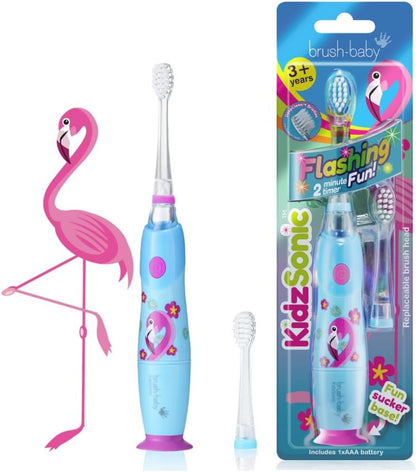 Brush‑Baby - KidzSonic Flamingo Kids Electric Toothbrush for Ages 3+ with Disco LED Lights, Gentle