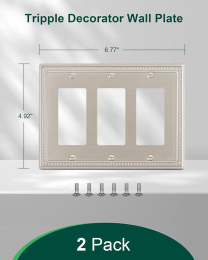 2-Pack Triple Decorator Outlet Cover Plate, Brushed Nickel Pearls Decorative Switch Plates and Outlet Covers, Metal Wall Plates for Electrical Outlets.