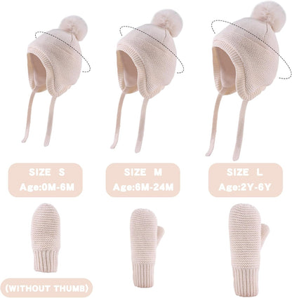 Basic Winter Baby Beanie Gloves Boys Girls Knitted Hat Pompom Kids Earflap Hats Warm Infant Toddler Beanie Mittens Set
