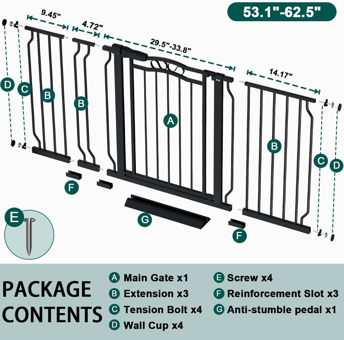 Fairy Baby 53.1"-62.5" Extra Wide Baby Gates for Stairs & Doorways, Long Baby Safety Child Toddler Gate Pressure Mounted No Drill, Metal Auto Close Large Pet Dog Gate Walk Thru Indoor Outdoor, Black