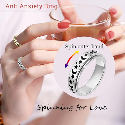OreilleStar Anxiety Ring for Women Fidget Spinner Rings Stainless Steel Silver Color Size 6 (Silver_Moon Star, 6)