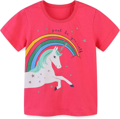 HILEELANG Girls' Tees Ruffle Short Sleeve T-Shirt Cotton Casual Graphic Summer Crewneck Tunic Tops