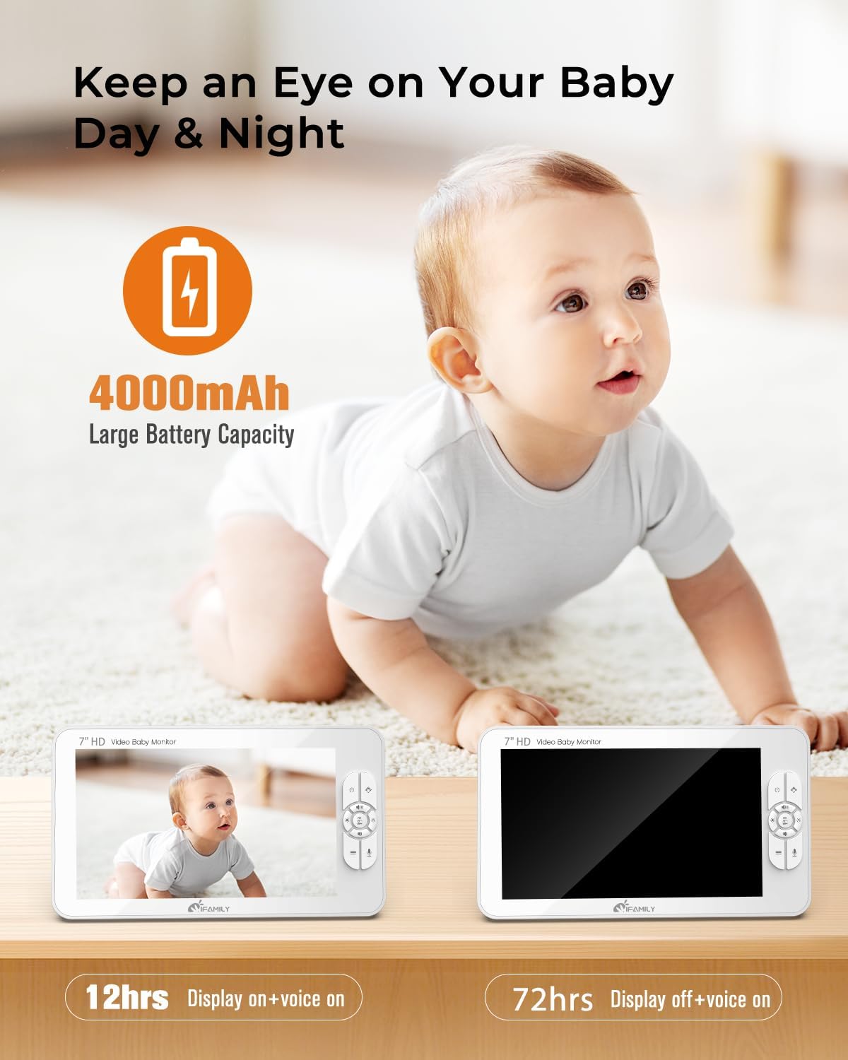 iFamily 7" Large Split Baby Monitor with 2 HD Cameras and Audio, 1080P HD Video Baby Monitor No