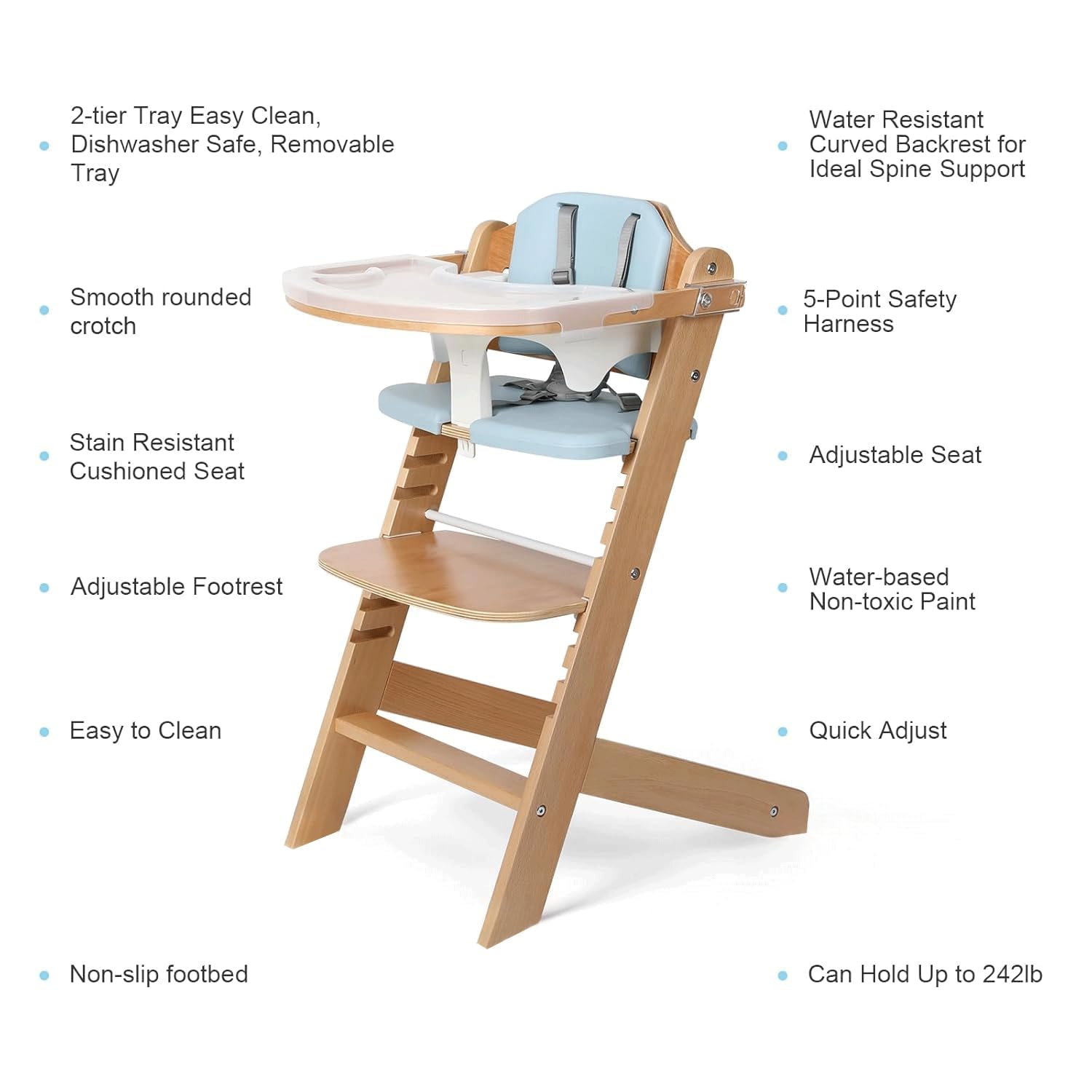 Cowiewie Natural Wooden High Chair for Babies & Toddlers 3-Tier Remove & Adjustable Tray, 8