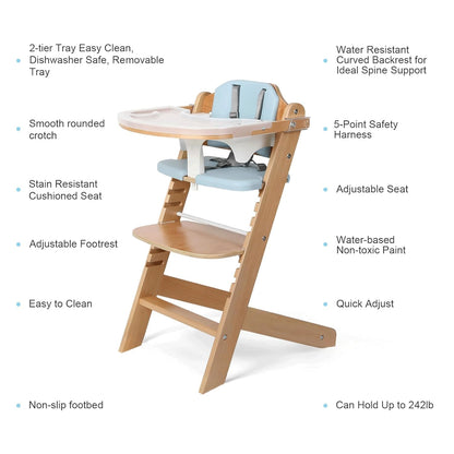 Cowiewie Natural Wooden High Chair for Babies & Toddlers 3-Tier Remove & Adjustable Tray, 8