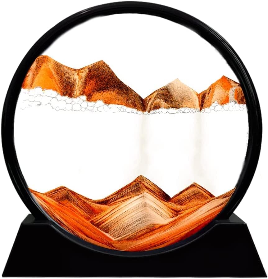 Moving Sand Art Picture 3D Deep Sea Sandscapes Sand Art Liquid Motion Bubbler Timer for Adult Kid Desktop Art Toys for Home Decor and Office(Round+Gold+7In)