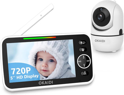 5" HD Baby Monitor with Camera and Audio, 720P Display, 5000mAh Battery, Remote Pan-Tilt, 3X Zoom, Night Vision, 2-Way Talk, Temperature,Lullabies,1000ft Range Baby Monitor No WiFi
