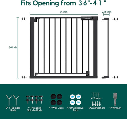 BABELIO Baby Gate for Doorways and Stairs, 36-41" Pet Gate with Wide Walk Thru Door and Lock Indicator, No Drill Pressure Mounted Safety Gate with Double Lock and Self-Closing, Black
