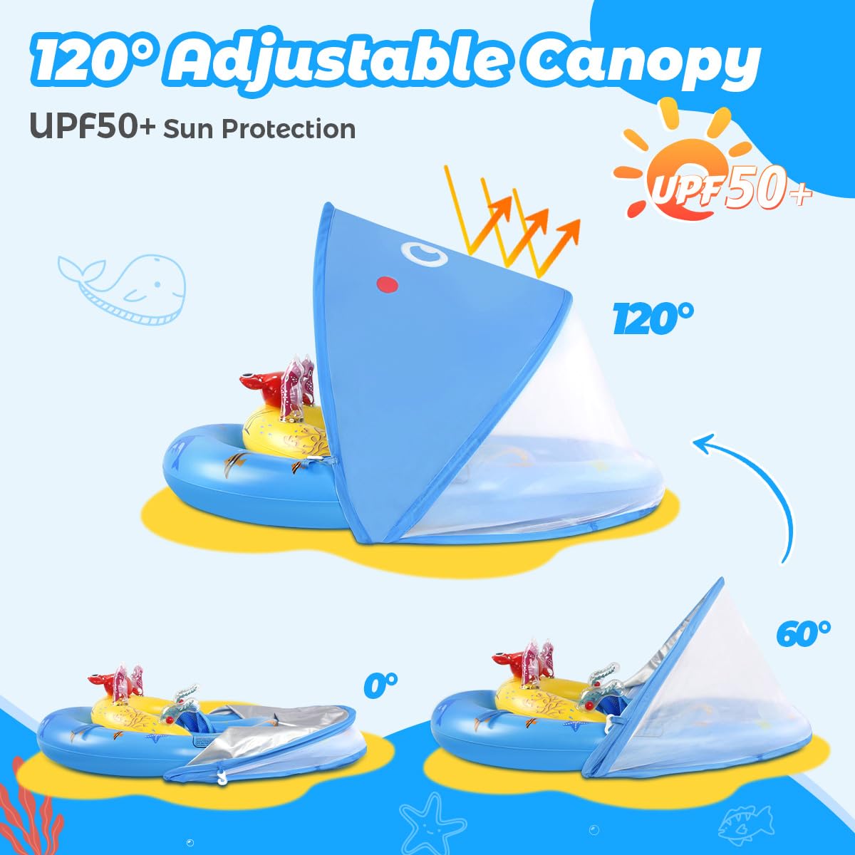 LAYCOL Baby Pool Float with Canopy UPF50+, 120°Adjustable Sun Protection and Anti-Tip Safety Seat