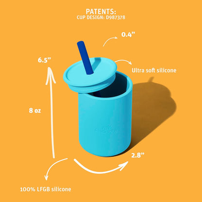 Avanchy Silicone Training Sippy Cup with Straw Lid – For Babies 6+ Months to Toddlers 1 Year Old – 8 oz Infant Water Cup for Baby Led Weaning, Gray + 5 Reusable Straws