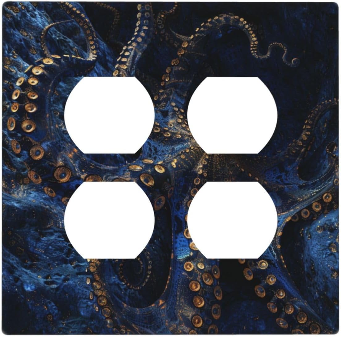 Decorative Outlet Covers Horror Night Blue Ocean Evil Octopus 2 Gang Wall Plate Cover Double Duplex Receptacle Two Switch Light Switch Cover Plate Jumbo Dual Faceplate for Home Decor