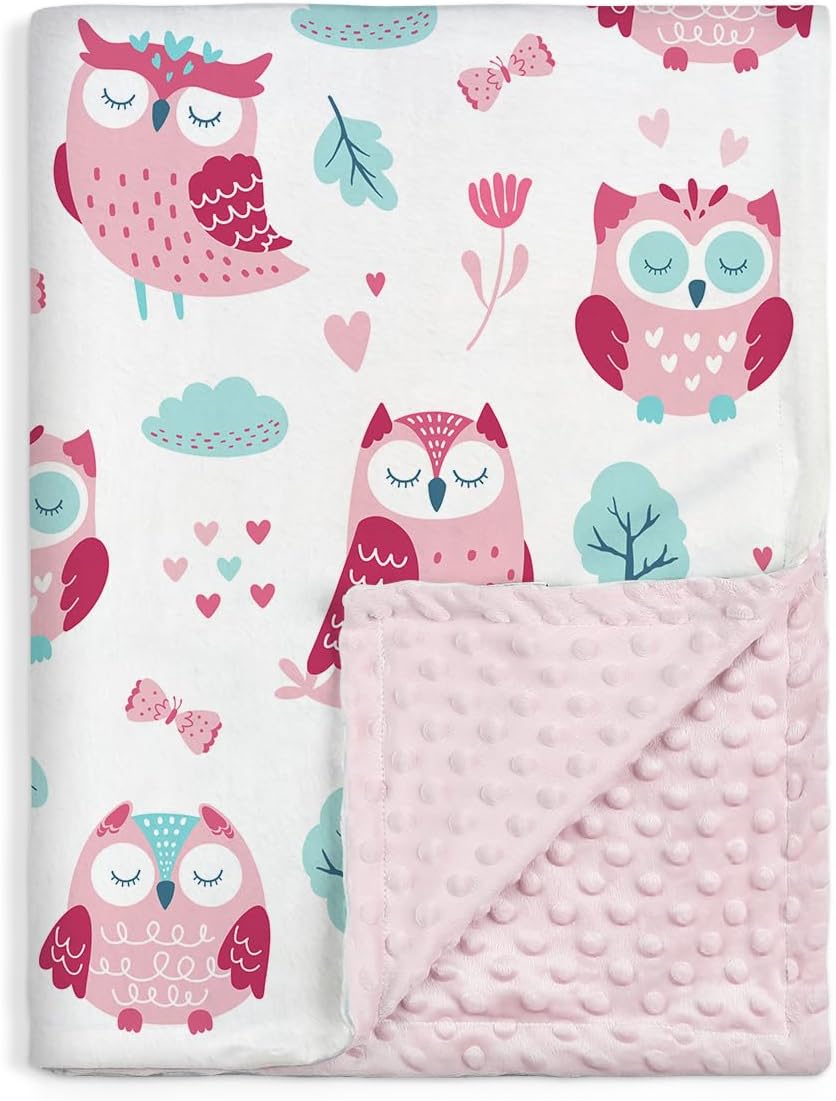 Owl Kid Blanket for Girl - Soft Kids Throw Minky Blankets with Dotted Backing for Girls - Kids