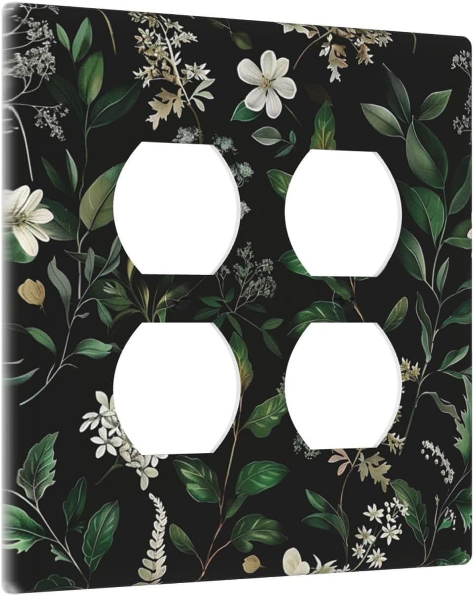 Decorative Outlet Covers Rustic Green Leaves White Flower 2 Gang Wall Plate Cover Double Duplex Receptacle Two Switch Light Switch Cover Plate Jumbo Dual Faceplate for Home Decor