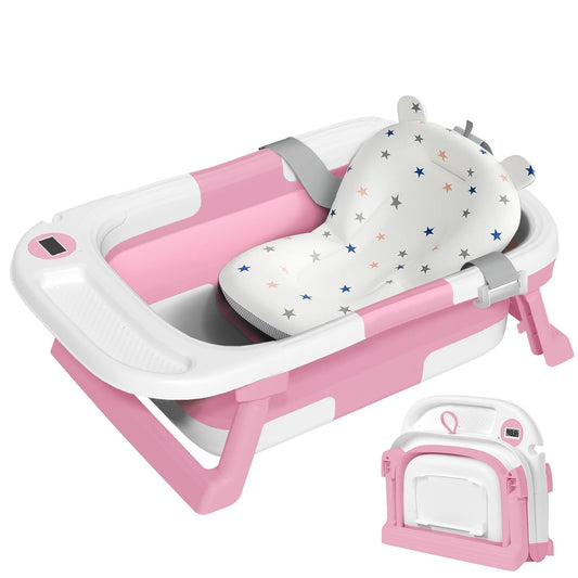 Collapsible Baby Bathtub,Baby Bath Tub with Thermometer & Soft Cushion,Baby Bathtub for Newborn to