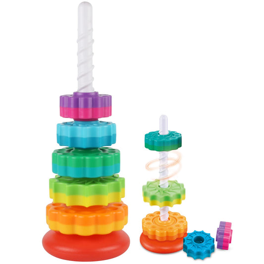 JUXUE Baby Spinning Stacking Toys for Toddlers 1-3, Rainbow Ring Stacker Montessori Toys for Babies