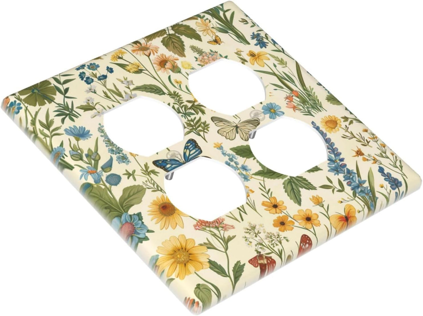 Decorative Outlet Covers Rustic Plant Garden Leaf Flower Butterfly 2 Gang Wall Plate Cover Double Duplex Receptacle Two Switch Light Switch Cover Plate Jumbo Faceplate for Home Decor