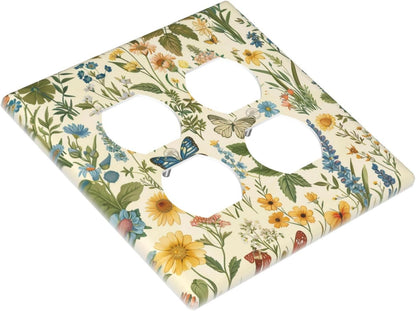 Decorative Outlet Covers Rustic Plant Garden Leaf Flower Butterfly 2 Gang Wall Plate Cover Double Duplex Receptacle Two Switch Light Switch Cover Plate Jumbo Faceplate for Home Decor