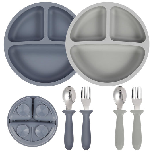 Eascrozn 2 Pack Silicone Suction Plates for Baby, Forks and Spoons Set