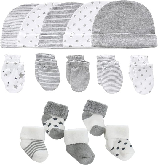 Newborn Baby Boy Girl Caps Mittens Socks Set Cotton Baby Essentials Accessories (Hats+Gloves+Socks)
