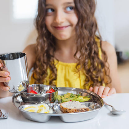Ahimsa Stainless Steel Kids Dinnerware Set - 5 Piece Toddler Plates and Bowls Set, Pediatrician Designed, Includes Non Toxic Toddler Plate and Bowl, Kids Utensils and Cup (Classic Stainless Steel)