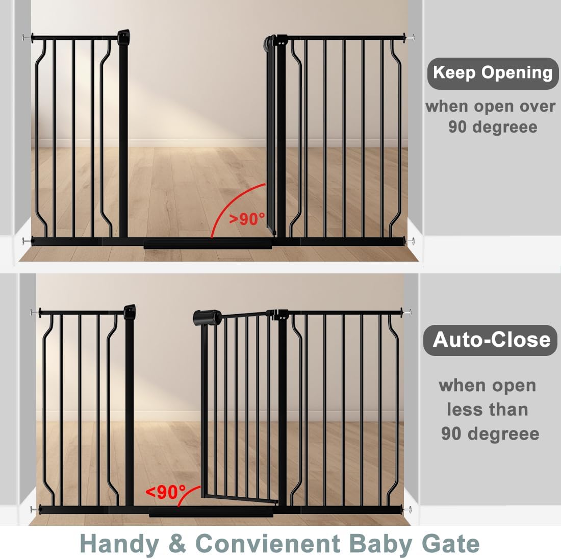 Fairy Baby Walk Through Baby Gate 43.5-48 Inch Wide, Pressure Mounted Safety Gate with Door No Drill, Black Tension Metal Gate for Dog and Toddler