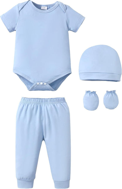 NZRVAWS Newborn Baby Boy Girl Clothes Unisex Infant Romper Pants Set Hat 4-Pack Outfits 0-12 Months 16 Pieces Toddler