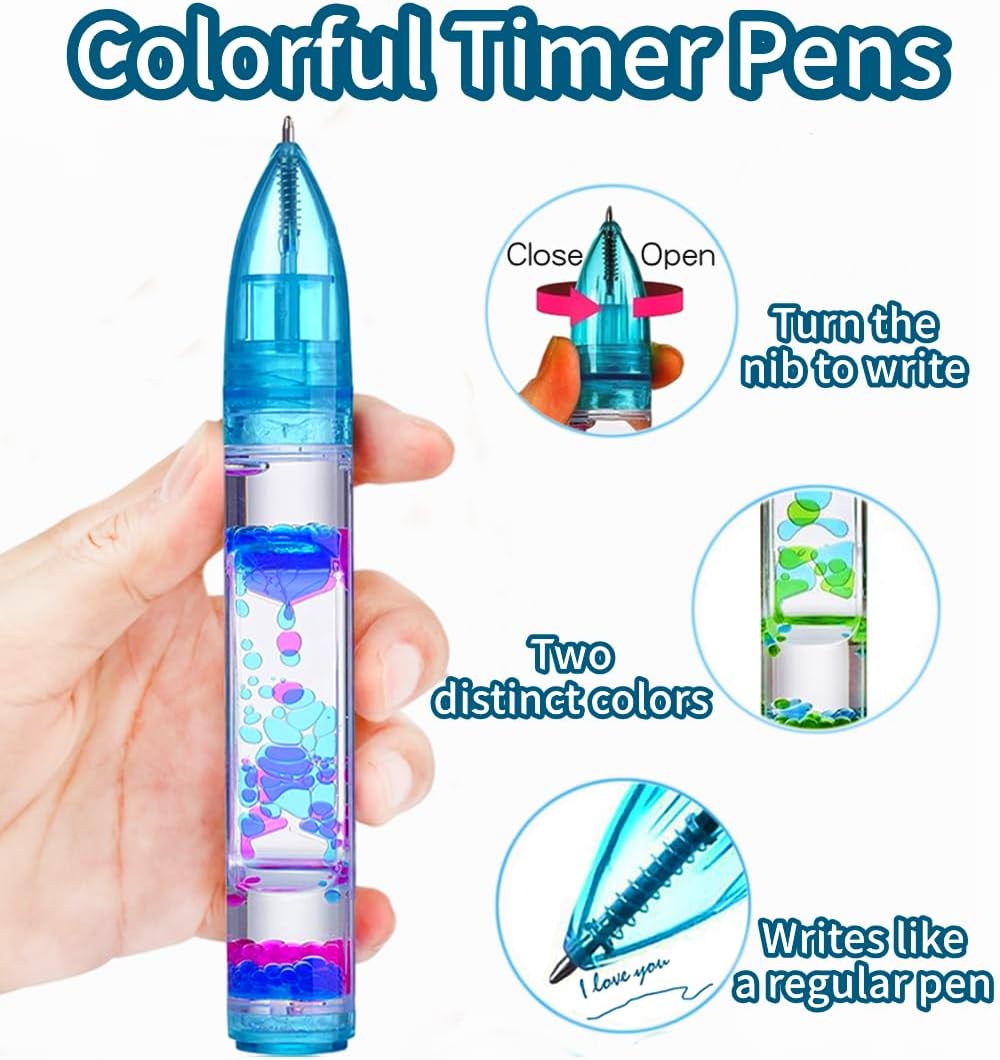 Liquid Motion Bubbler Pens Duple Wheel Colorful Timer Fidget Pens for Kids Sensory Toys Liquid Motion Bubbler Pen for Stress Relief and Anxiety Desk Toys Bubbler Timer Gifts for Kids 2 Pack Blue