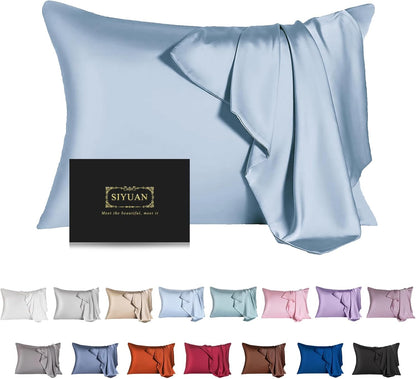 Mulberry Silk Pillowcase for Hair and Skin,Cooling Silk Pillow Case with Hidden Zipper,Allergen Proof Dual Sides Soft Breathable Smooth Silk Pillow Cover for Women (Light Blue,King)