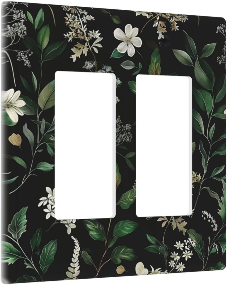 Decorative Outlet Covers Rustic Green Leaves White Flower 2 Gang Wall Plate Double Rocker Two Switch Wall Cover Plate Light Switch Cover Plate Faceplate for Country Bedroom Home Decor