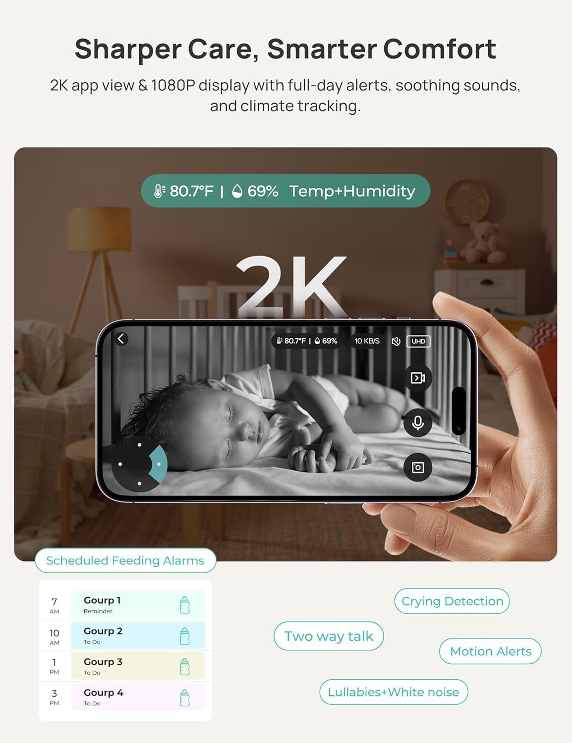 VistaView Smart WiFi Baby Monitor - 5” 1080P Split Screen & 2K Camera App Control, Cry & Motion Alerts, HD Night Vision, 5000mAh Battery, 2-Way Talk, Multi-User, Triple Security, 1279ft Range