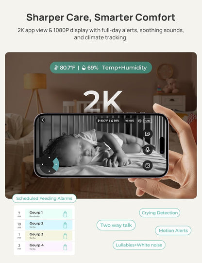 VistaView Smart WiFi Baby Monitor with 2 Cameras- 5” 1080P Split Screen & 2K Camera App Control, Cry & Motion Alerts, Night Vision, 5000mAh Battery, 2-Way Talk, Triple Security, 1279ft Range