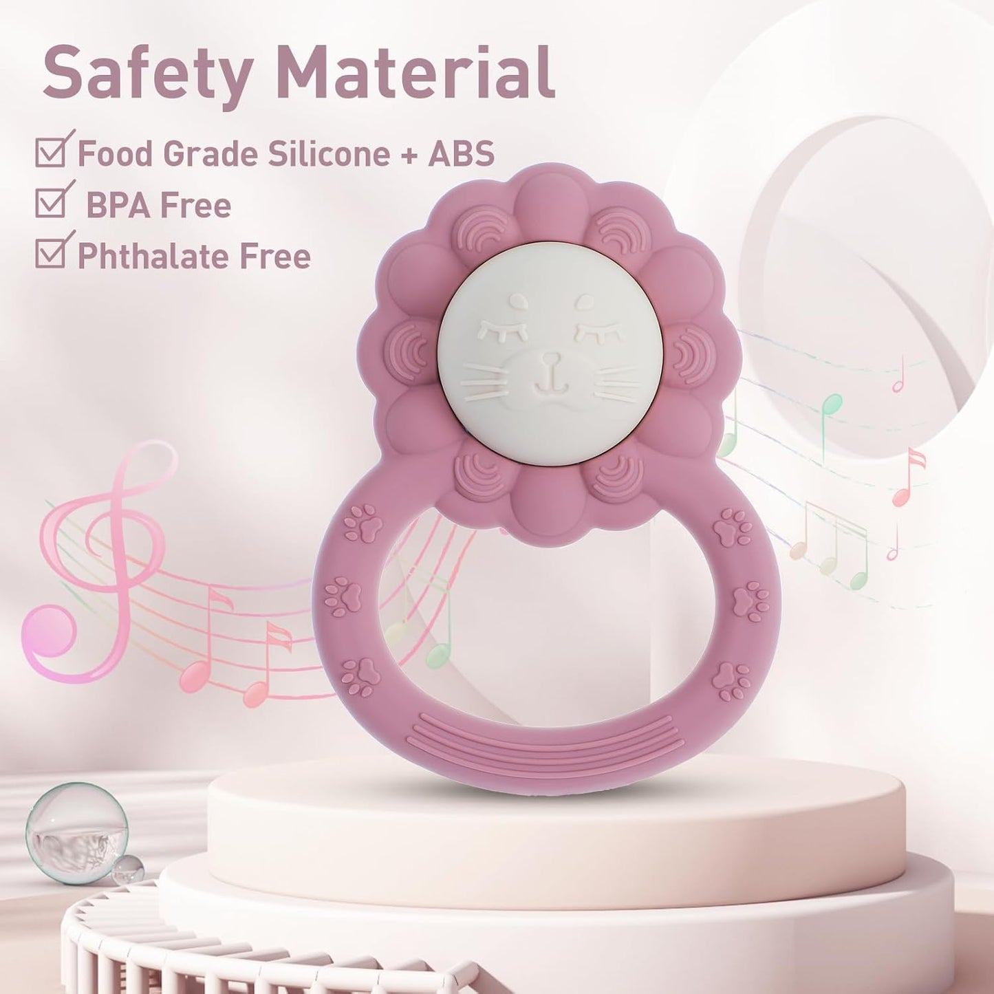 Rattle Teether, Lion Shape Montessori Baby Sensory Teething Toys, Food Grade Silicone BPA Free, Newborn Essentials Must Haves (Daffodil Clay)