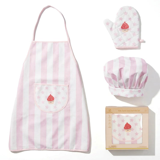 WoodenEdu Kid Apron and Chef Hat Set, 3Pcs Children Cooking Baking Set Kits