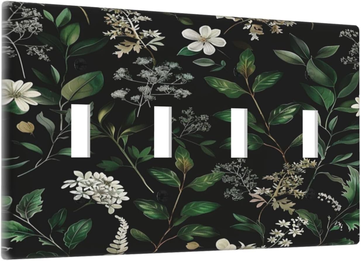 Decorative Switch Covers Plate Rustic Green Leaves White Flower 4 Gang Artistic Wall Plate Unique Quad Toggle Light Switch Plate Jumbo Faceplate for Country Bedroom Home Decor