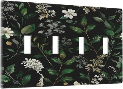 Decorative Switch Covers Plate Rustic Green Leaves White Flower 4 Gang Artistic Wall Plate Unique Quad Toggle Light Switch Plate Jumbo Faceplate for Country Bedroom Home Decor