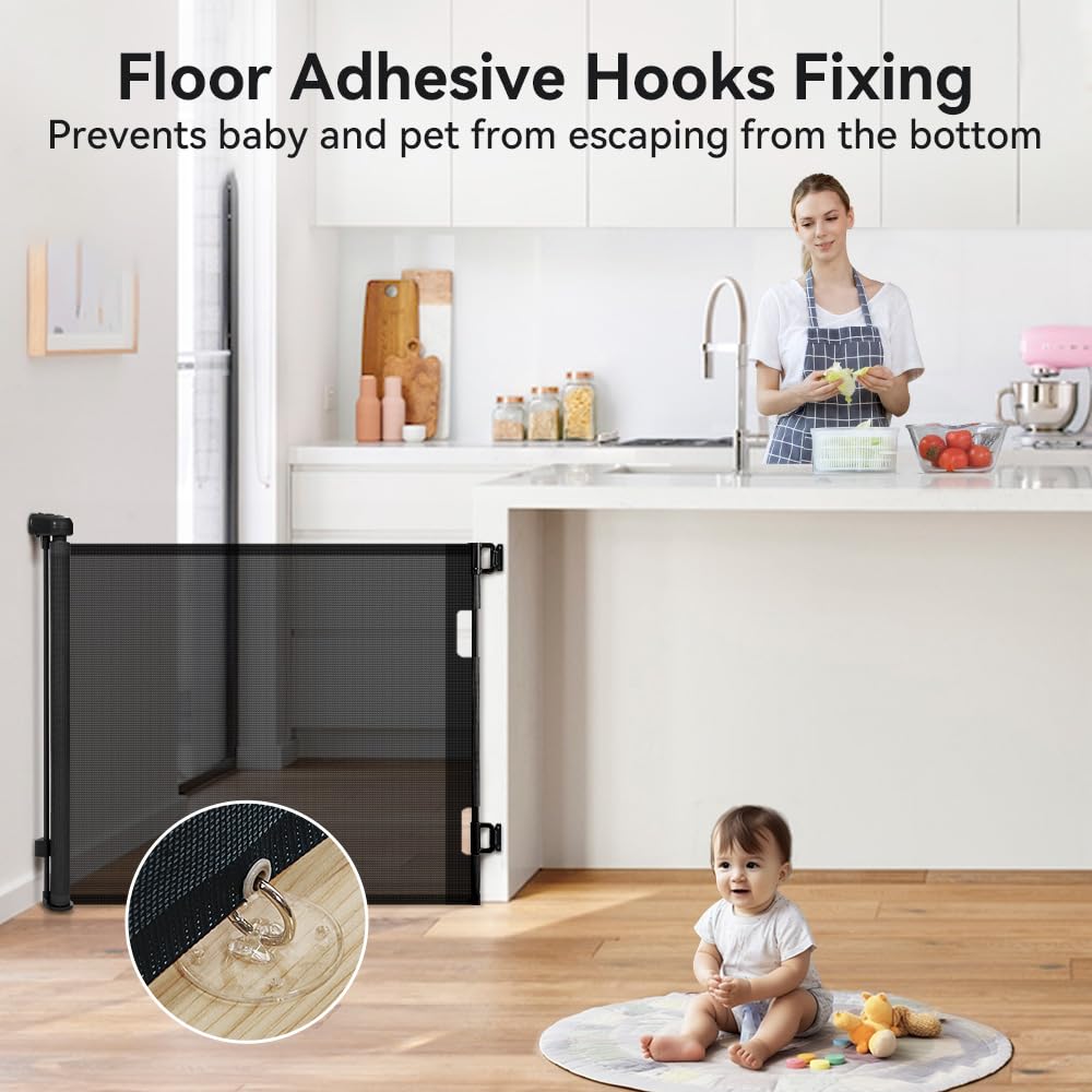 COMOMY Retractable Baby Gate for Stairs, 0-71" Mesh Dog Gate for House Doorways Hallways, 33" Tall Extra Wide Child Safety Gate for Kids Pets, Indoor and Outdoor (Black)