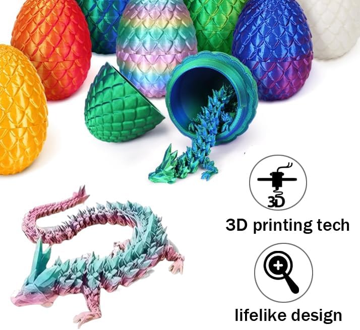 Cessfle 3D Printed Dragon in Egg, Crystal Dragon Eggs with Dragon Inside, Full Articulated Dragon Eggs 3D Dragon Toys, Mystery Dragon Egg for House of Dragon, 3D Printed Animals Fidget Toys